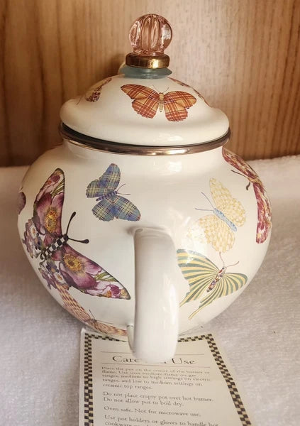 Retired - Mackenzie Childs White Butterfly Garden 4 Cup Teapot NWOT