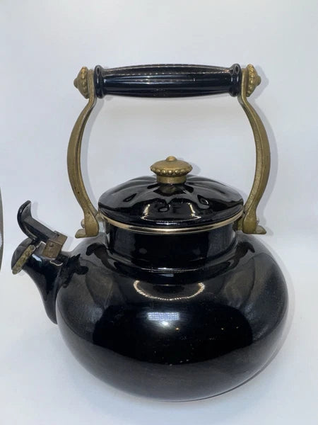 Vintage Black Enamel Tea Kettle with Brass Handle & Lid Farmhouse Kitchen Decor