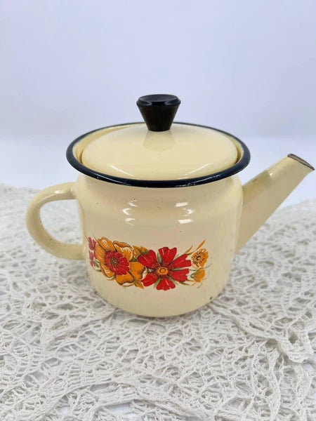 Vintage yellow enameled kettle pitcher 0.5 l Kitchen enamel coffee pot Metal tea