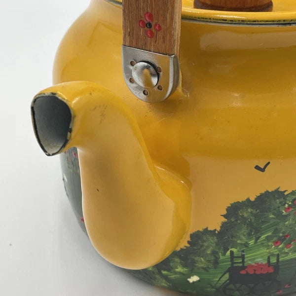 Vtg Hand Painted MCM Yellow Enamel Tea Kettle with Teak Wood Handle and Knob