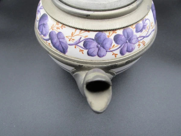 Graniteware enamel pewter teapot purple floral design Manning, Bowman Co.