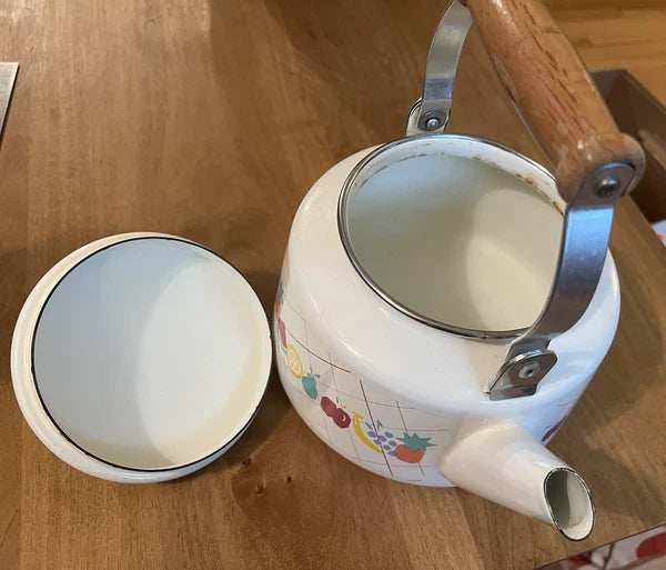 Vintage Lincoware White Enamel Metal Fruit Motif Teapot Tea Kettle Pot Retro