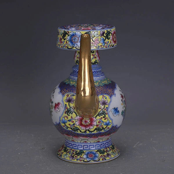 7.7"ChinaColour Enamels Porcelain Gild Embossed Decoration Flowers Plants Kettle