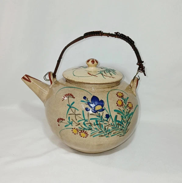Antique Japanese Yellow Ware Ceramic Famille Rose Raised Enamel Teapot