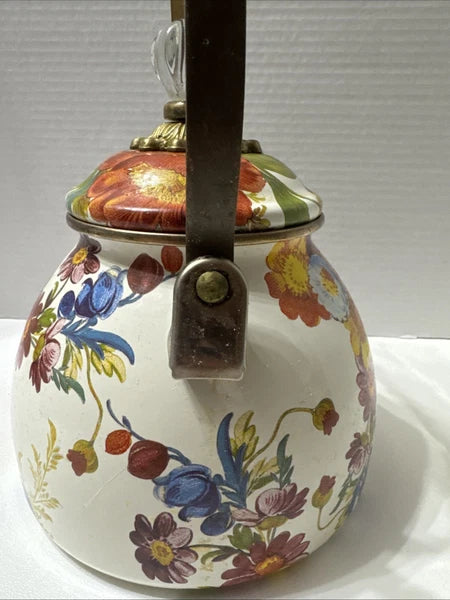 MacKenzie-Childs White Flower Market 3 Quart Qt Tea Kettle Enamel Teapot