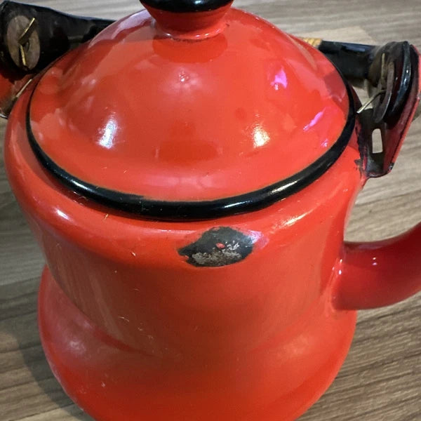 Vintage Midcentury Modern Enamelware Teapot OTTO Japan Bamboo Handle Preowned