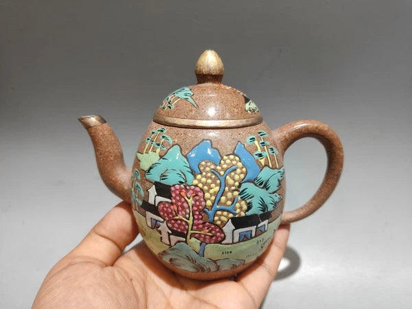 Purple Clay Tea Set Teapot Kettle Ceramic Carving Enamel Dragon Egg Landscape