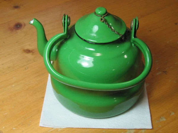 VTG GREEN ENAMEL WARE GRANITE TEAPOT METAL RUSTIC DECOR FARMHOUSE YUGOSLAVIA 14