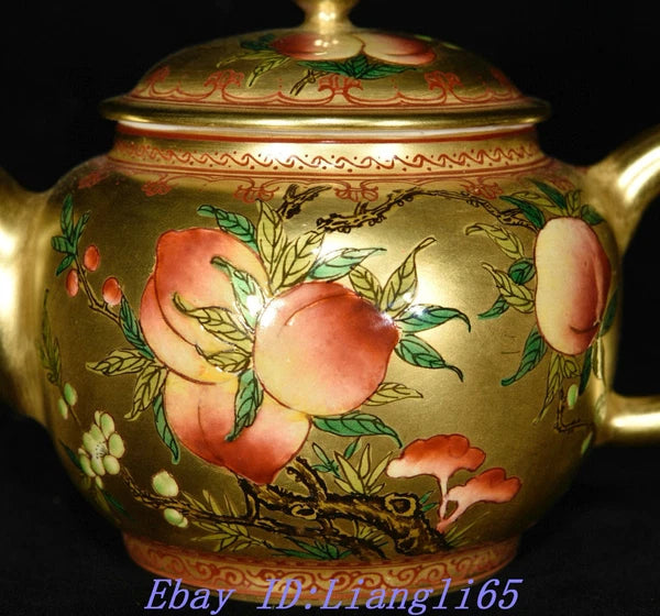 5.9" Old Qing Dynasty Enamel Colour Porcelain Gilt Peach Wine Tea Pot Flagon-