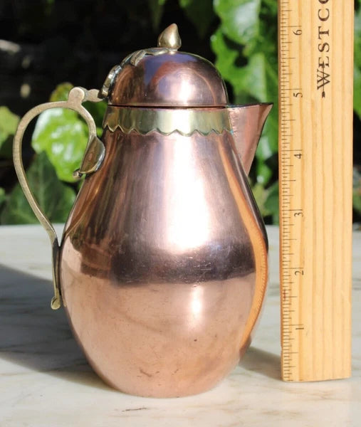 Antique Tea Pot Blue Enamel Chinese Solid Copper w/Brass Handle 6.25" Vintage