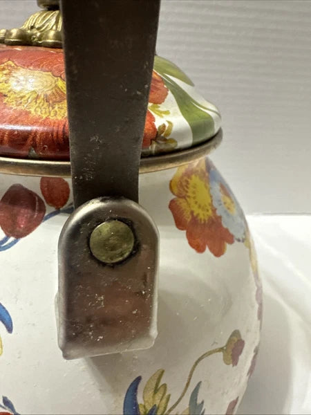 MacKenzie-Childs White Flower Market 3 Quart Qt Tea Kettle Enamel Teapot
