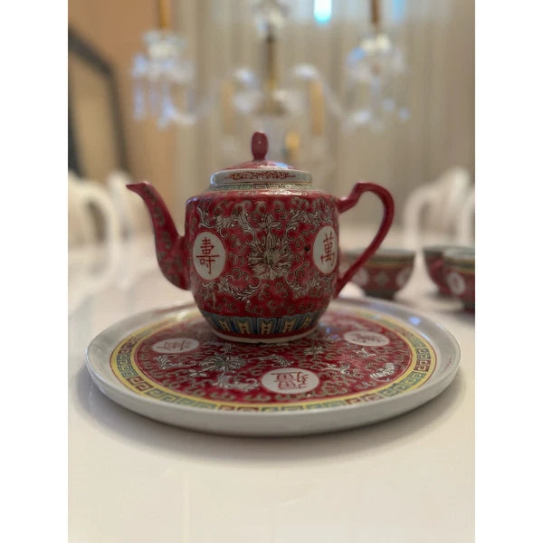 Chinese Wan Shou Wu Jiang Red Enamel Tea Set