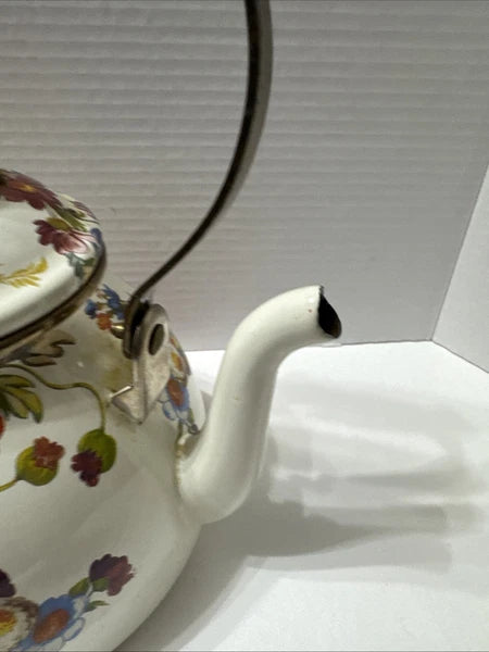 MacKenzie-Childs White Flower Market 3 Quart Qt Tea Kettle Enamel Teapot