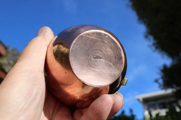 Antique Tea Pot Blue Enamel Chinese Solid Copper w/Brass Handle 6.25" Vintage