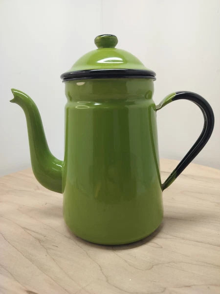 VTG 1950 AVOCADO GREEN & BLACK ENAMEL TEA KETTLE / COFFEE POT BY OTTO MADE JAPAN