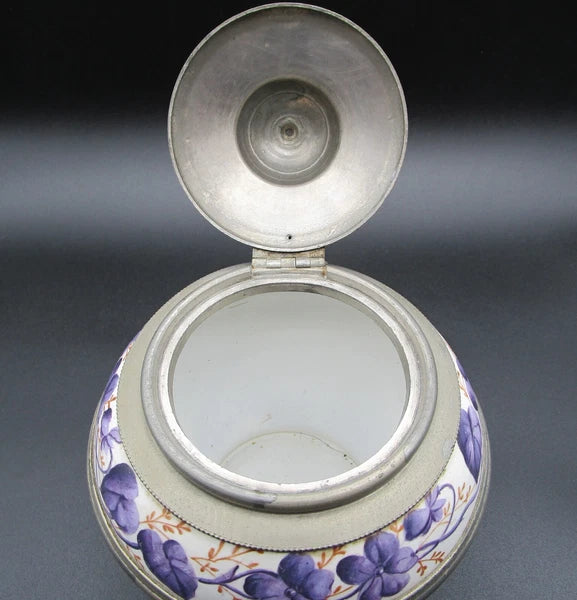 Graniteware enamel pewter teapot purple floral design Manning, Bowman Co.