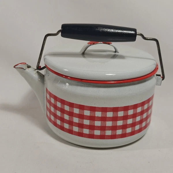 Enamelware Red White Gingham Check Teapot Kettle Metal Rustic Farmhouse Decor