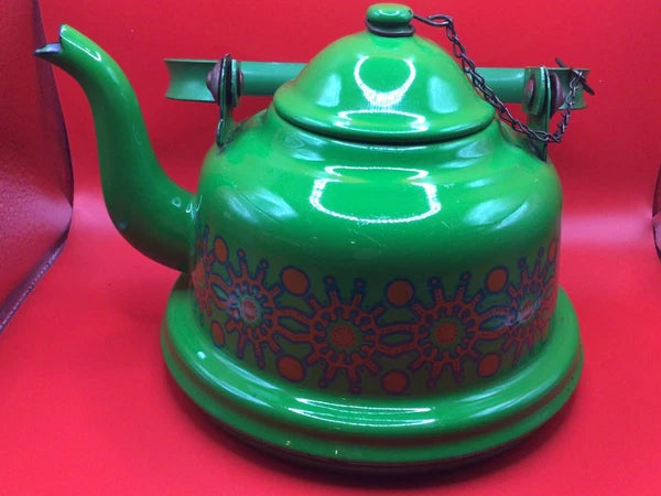Vintage Green Orange Flowers Floral Enamel Teapot Enamelware Retro Kitchen