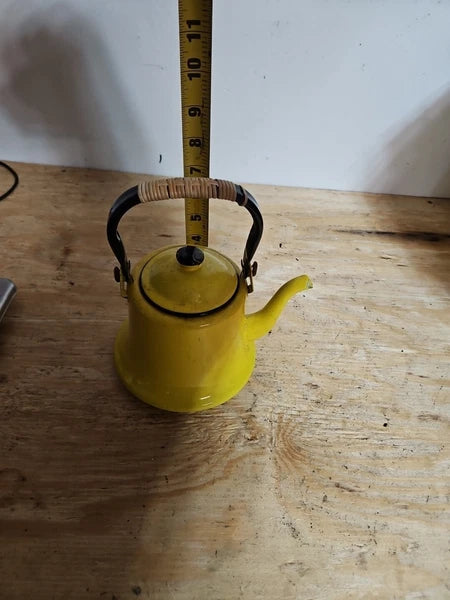 Vintage yellow and black enamel teapot kettle with handle and lid Japan
