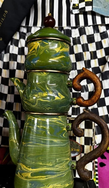 MacKenzie Childs Stacked Camp Green Swirl Enamel Teapot Cream & Sugar High tea