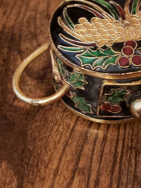 Miniature Decorative Enamel Teapot Black Gold Red Green Cloisonne Holly Berry
