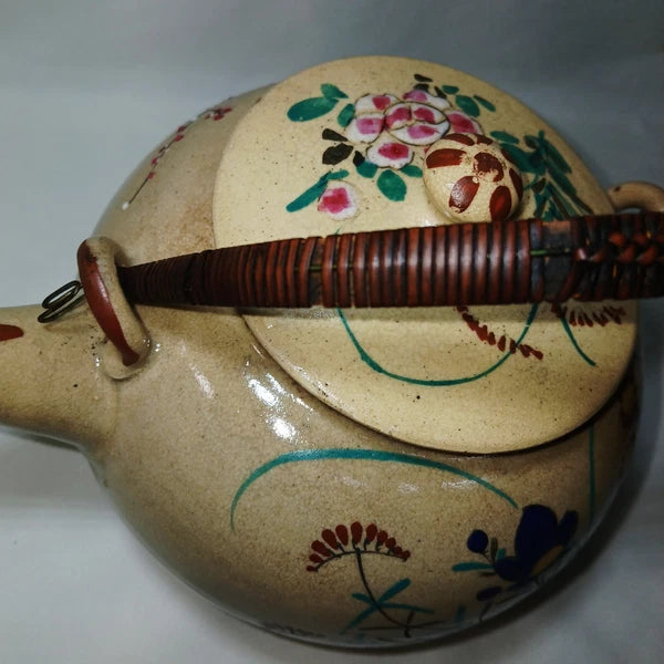 Antique Japanese Yellow Ware Ceramic Famille Rose Raised Enamel Teapot