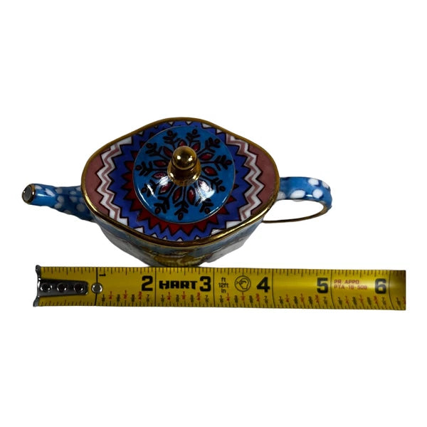 Miniature Ceramic Teapot Snowy Christmas Ice Skating Village Pond Mini Enamel