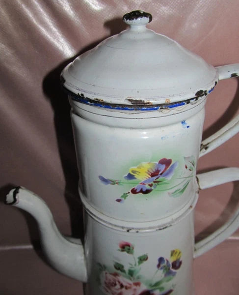 Large White Enamel Coffee Pot With Rose And Pansy Decoration H 36 Cm