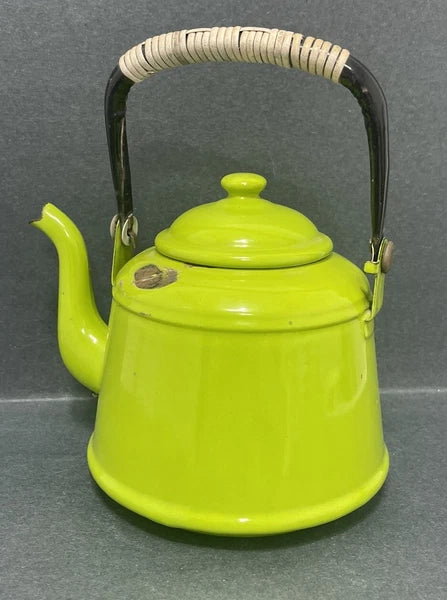 Teapot Vintage BRIGHT Green Enamel W Black Rattan Handle Granny Core Groovy