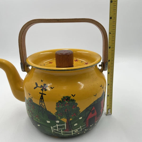 Vtg Hand Painted MCM Yellow Enamel Tea Kettle with Teak Wood Handle and Knob