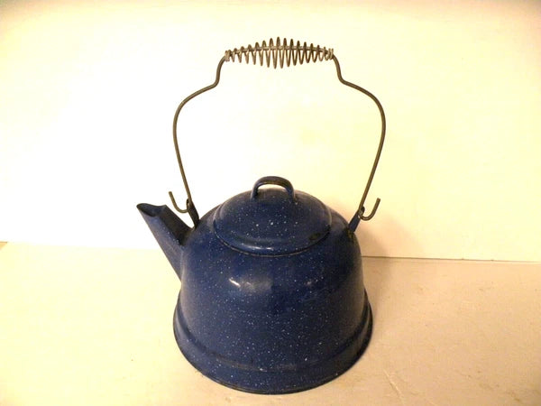 1970s BLUE WHITE SPECKLES ENAMELWARE TEAPOT 12 CUP