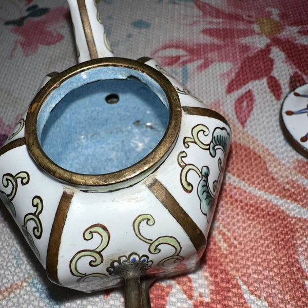 Mini Chinese Cloisonné Enameled Floral Glaze White Blue Pink Teapot 4” L - 3” H