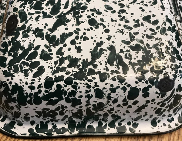 Green & White Speckled Enamel Lot Of 3 Coffee Tea Pot, Rectangle & Round Pan B38