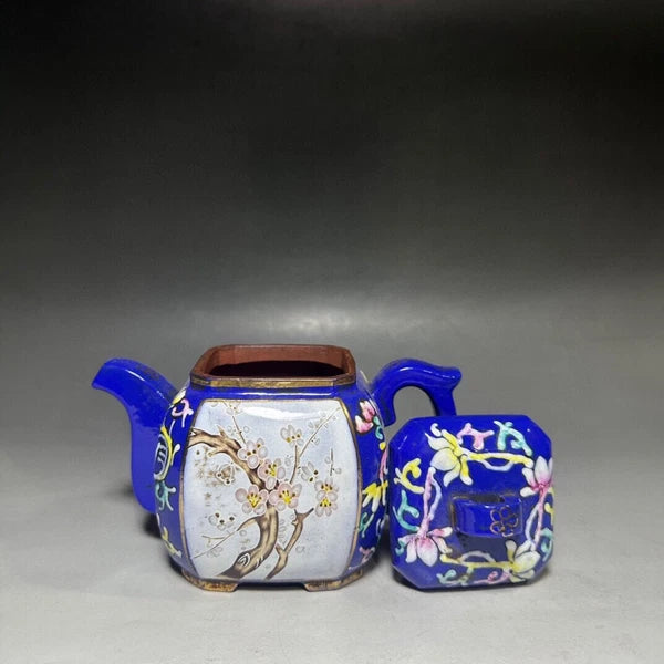 Purple Clay Teapot Gongfu Strainers Zisha Sculpture Square Chamfered Enamel Hand