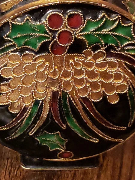 Miniature Decorative Enamel Teapot Black Gold Red Green Cloisonne Holly Berry