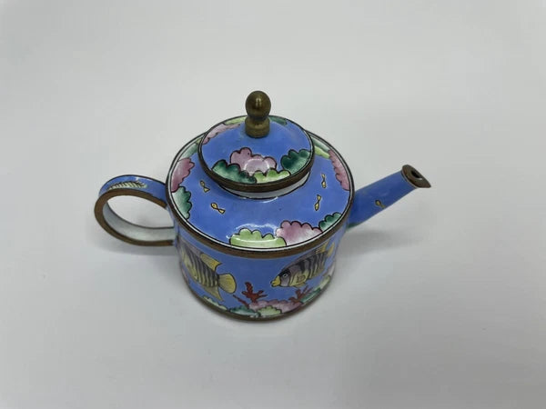 Vintage Blue Tropical Fish Pattern Enamel on Copper Miniature Teapot