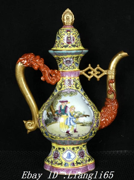 12.5" Qing Enamel Colour Porcelain Gilt Dragon Handle Beauty Wine Tea Pot Flagon-