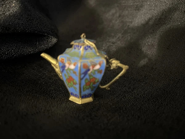 VTG  CLOISONNE ENAMEL ON BRASS HEXAGONAL TEA POT, BIRDS FLORAL pl