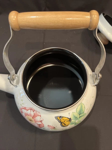 Lenox Butterfly Meadow Floral Enamel Tea Pot Teapot Kettle with Minor Issues