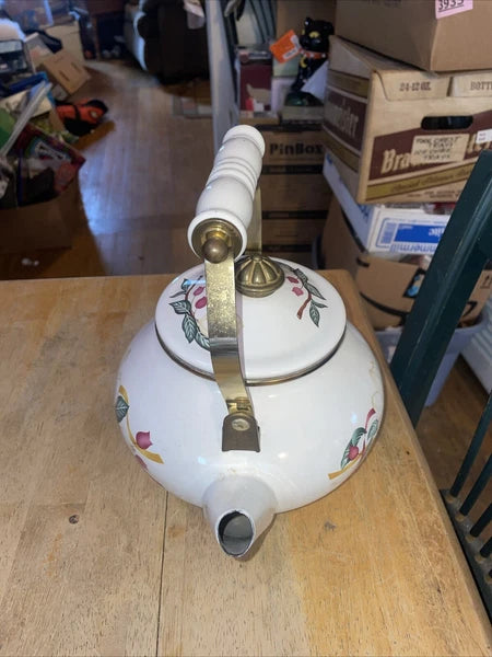 VINTAGE Enamelware Tea Kettle/Pot White/Red Flowers