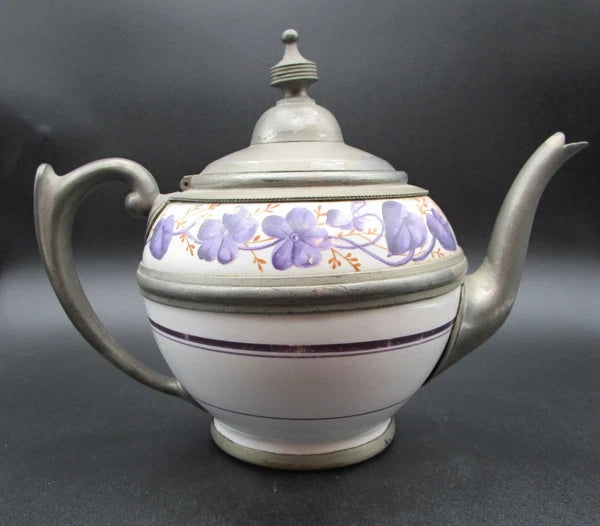 Graniteware enamel pewter teapot purple floral design Manning, Bowman Co.