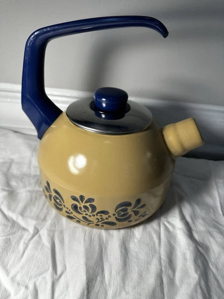 Pfaltzgraff Folk Art Enamel on Metal L Handle Round Tea Kettle