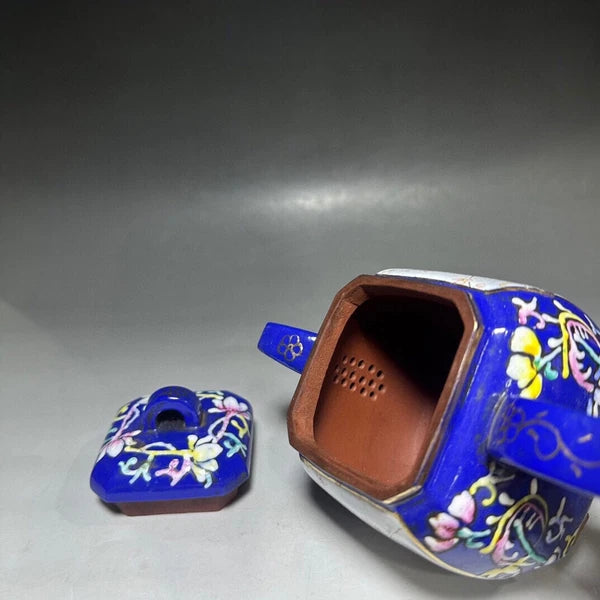 Purple Clay Teapot Gongfu Strainers Zisha Sculpture Square Chamfered Enamel Hand