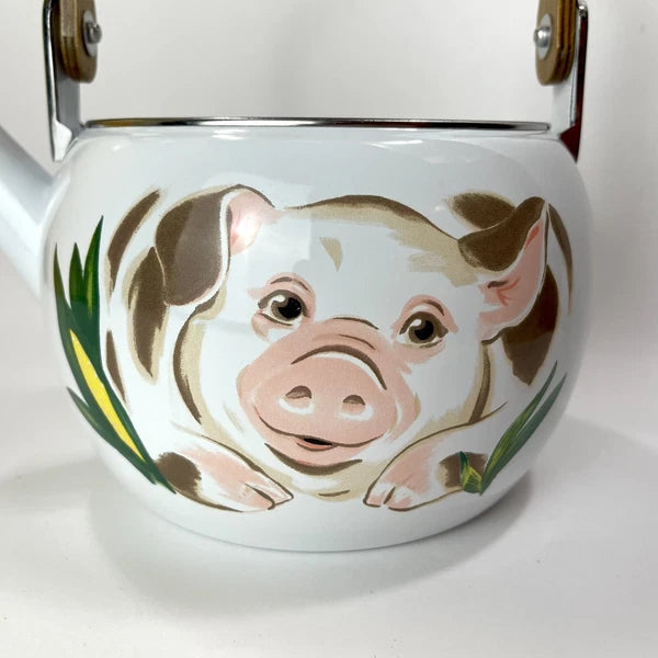 Vtg Enamel Tea Kettle With Pig And Plastic Corn Lid Handle Wood Handle