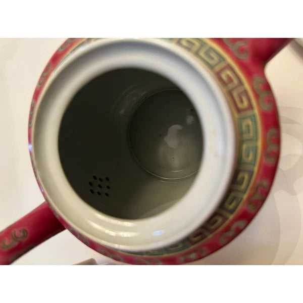 Chinese Wan Shou Wu Jiang Red Enamel Tea Set