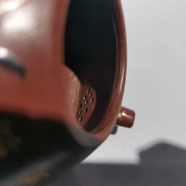 Yixing Purple Clay Teapot Hand-Coiled Ceremony Drainer Enameled Gilded Sculpted