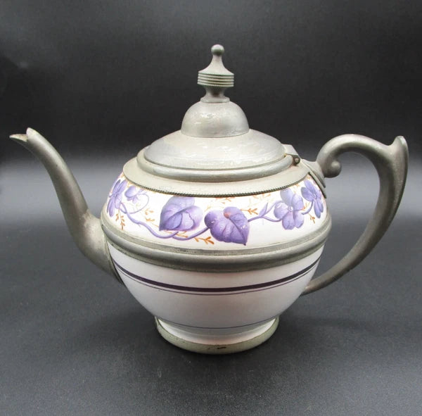 Graniteware enamel pewter teapot purple floral design Manning, Bowman Co.