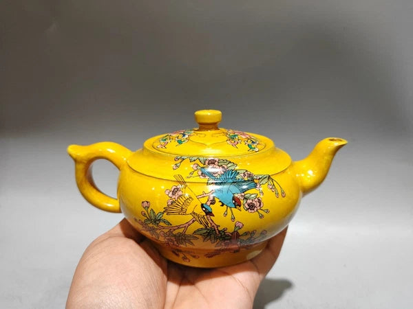 Yixing Purple Teapot Ornament Exquisite Figurine Enamel Painted Floral Motif