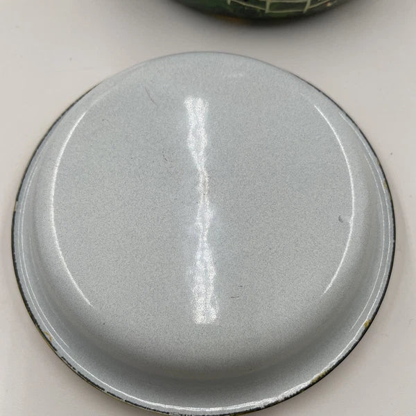 Vtg Hand Painted MCM Yellow Enamel Tea Kettle with Teak Wood Handle and Knob