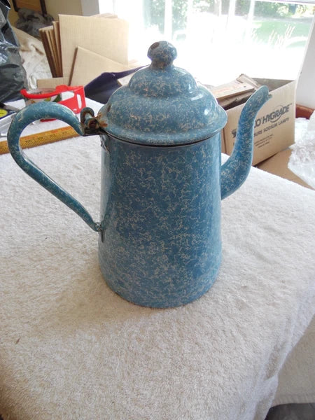 Vtg Blue & White Speckled Graniteware Enamelware 10" Tea Pot Coffee Gooseneck